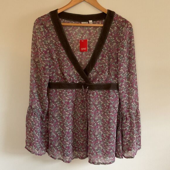 Esprit Y2K Whimsigoth Babydoll Tunic Top 10 Pink Micro Floral Fairy Semi Sheer - Picture 1 of 14